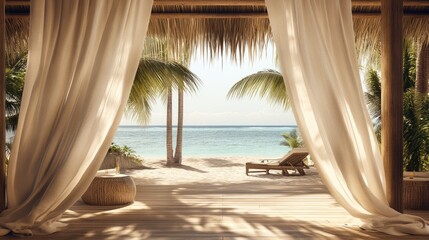 Obraz premium High-end tropical resort room with soft linen curtains swaying in the ocean breeze.