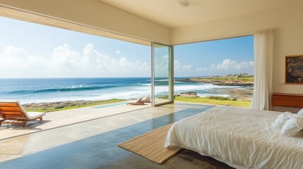 Obraz premium High-end villa bedroom with modern decor and a full-length glass door leading to a stunning oceanfront.