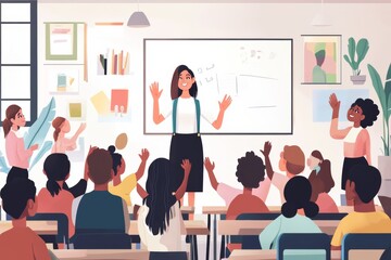 A Illustration female teacher standing in front of a whiteboard, explaining a lesson to a group of diverse students who are eagerly raising their hands.