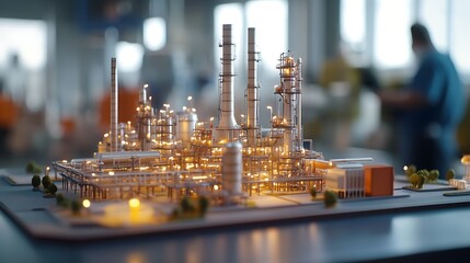 A Close-Up of an Oil Refinery Model on a Table in a Construction Office with a Defocused Surrounding.