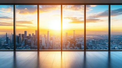 Fototapeta premium High-rise hotel window with a breathtaking view of the city skyline at sunset.