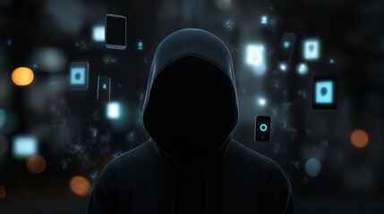 Mysterious Hooded Figure Digital Art Dark Background Cyber Security Hacker Anonymous Internet Technology Digital World Privacy Security Threat Risk   