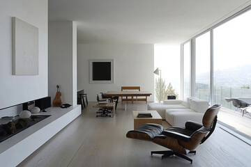 Minimalist Scandinavian living room with wooden furniture and neutral decor