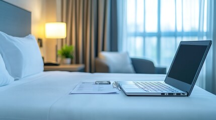 Fototapeta premium Hospitality management setup with scheduling software, reports, and a branded hotel brochure.