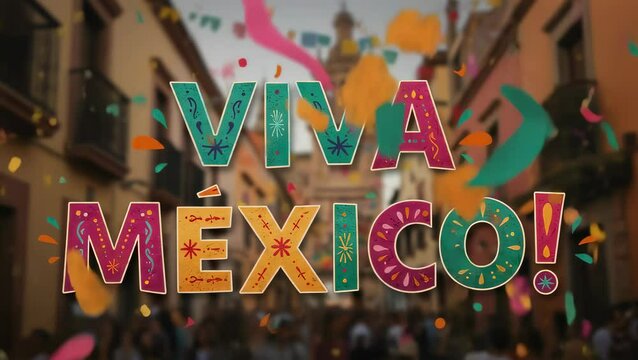Colorful Viva Mexico sign on festive street background. Cinco de Mayo celebration decoration. Latin American holiday party design element.