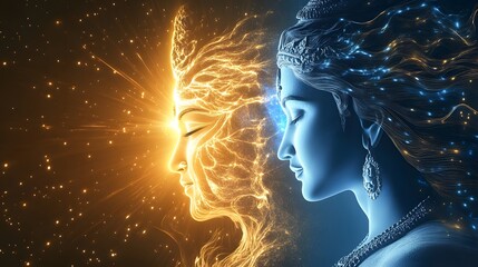 A dynamic 3D portrayal of Lord Shiva in Ardhanarishvara form, one side radiating masculine energy and the other glowing with feminine divinity.