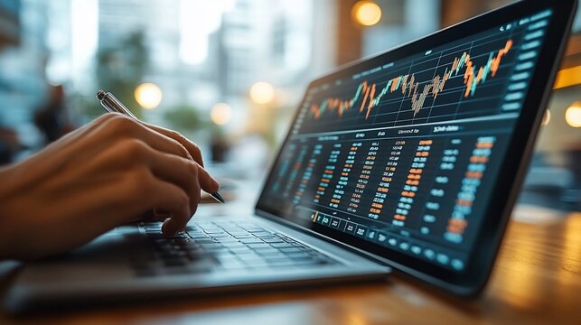 Hands on laptop, stock charts