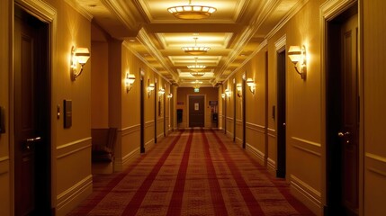 Hotel evening ambiance with elegant hallway lighting, plush carpets, and stylish door signs.