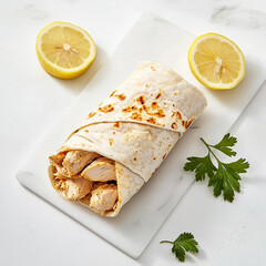 A Wrap With Chicken And Lemon Wedges On A Cutting Board (AI Image)