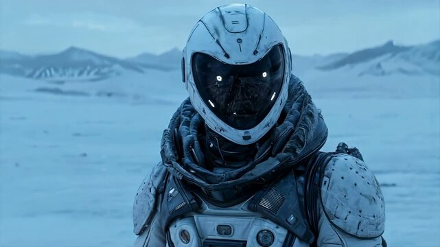 A futuristic astronaut embarks on an epic adventure across a breathtaking, mysterious icy landscape