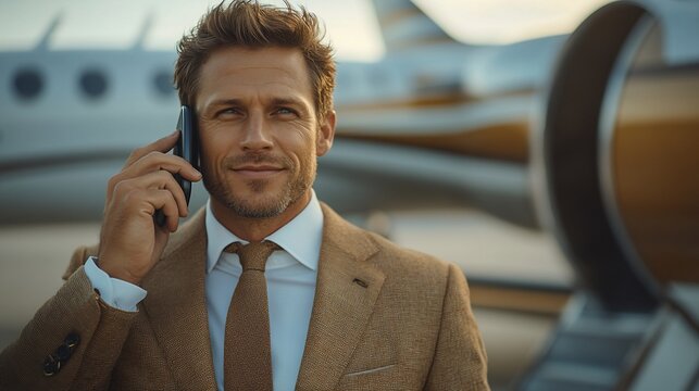 Handsome man in a suit talks on phone by a private jet, sun shining, smiling