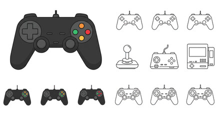 A versatile icon set featuring video game controllers, joysticks, and consoles in flat and line art styles, perfect for gaming-related designs and digital applications.