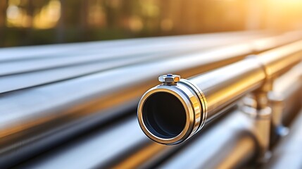 Naklejka premium Close-up of shiny metal pipes with a clamp.