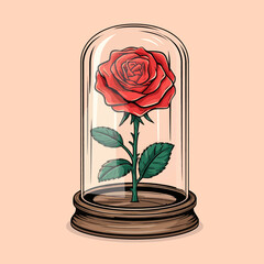 A vibrant red rose enclosed within a glass dome © Erkan