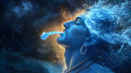 A fierce 3D portrayal of Lord Shiva drinking poison from Samudra Manthan, his throat glowing blue as divine beings watch in awe.