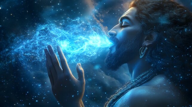 A fierce 3D portrayal of Lord Shiva drinking poison from Samudra Manthan, his throat glowing blue as divine beings watch in awe.