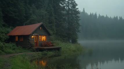 Fototapeta premium Lakeside Log Cabin at Dusk: Tranquil Forest Setting