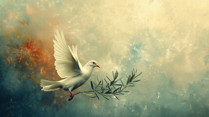 Fototapeta premium White dove with olive branch soaring against textured artistic background, symbolizing peace, hope, and harmony in a spiritual and symbolic way.