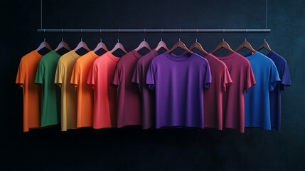 Colorful T-Shirts Hanging on a Rack, a vibrant display of various colors and styles of plain t-shirts.