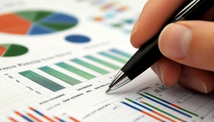 Close up of hands holding a pen analyzing business charts and financial graphs on a table