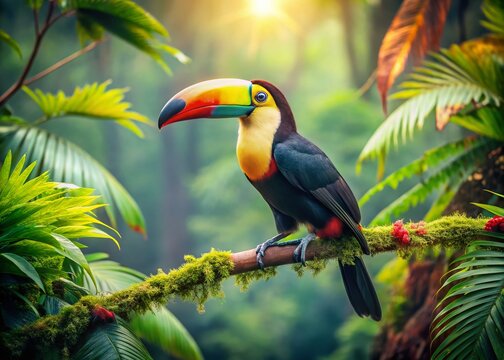 Vintage Style Photo: Tropical Bird Tocan in Lush Rainforest