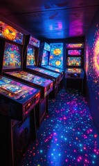 A retro arcade room features several classic pinball machines lined up against a dark wall. Bright, colorful lights create a lively atmosphere, enhancing the vintage vibe of the gaming experience