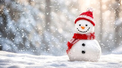 Obraz premium Cheerful snowman in snowy forest