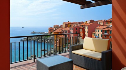 Fototapeta premium Mediterranean-style hotel terrace overlooking a picturesque coastal village.