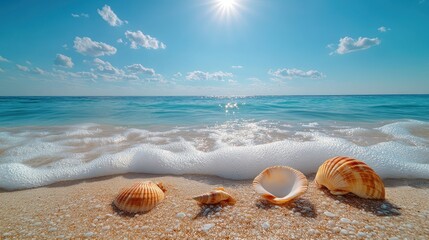 Sunny beach scene with seashells and waves