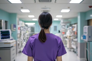 Fototapeta premium Asian nurse in purple scrubs gazing at medical equipment in a modern hospital room