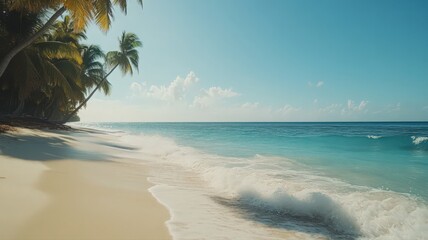 Tranquil Tropical Beach Scene with Palm Trees and Turquoise Waves