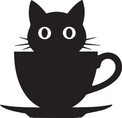 A minimalist black silhouette of a cat seamlessly
integrated with a coffee cup on white background