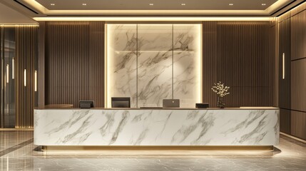 Modern hotel front desk with sleek lighting, stylish marble countertops, and a welcoming ambiance.