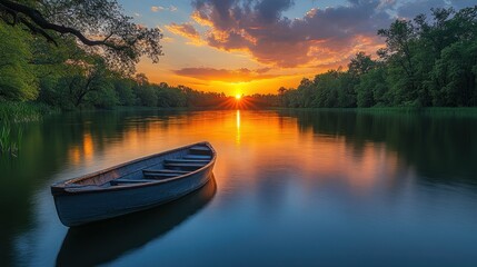Tranquil sunset over river, lone wooden boat, peaceful nature