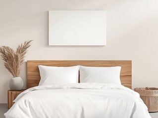 Modern minimalist bedroom featuring a wooden bed frame with white linens, soft decor, and neutral tones