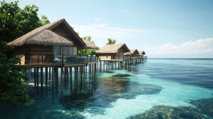 Overwater resort huts with glass floors, ocean views, and tropical vegetation reflecting on the water.