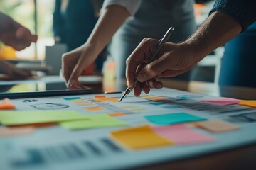 Close up of hands marking calendar with pen and sticky note in modern office for planning purposes