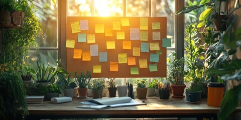 A corkboard filled with colorful sticky notes showcasing psychology content is displayed in a modern workspace. Surrounded by lush plants and bathed in warm sunlight, this area inspires creativity