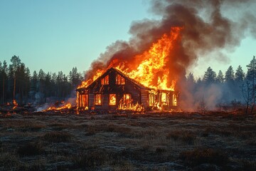 Wooden house burning in forest fire at dusk