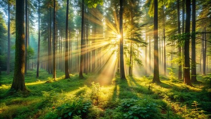 Fototapeta premium Vintage Summer Morning Sunlight in Lush Green Forest Panoramic