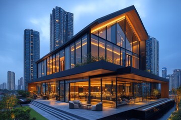 Fototapeta premium Modern rooftop bar in city at twilight