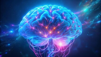 Obraz premium Human brain with glowing neural connections, a concept of intelligence, innovation, and future technology on a dark background