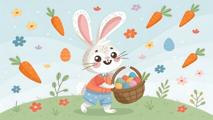 A Cheerful Easter Bunny Happily Carries A Basket Overflowing With Colorful Eggs And Surrounded By Carrots And Springtime Flowers In A Whimsical Illustration
