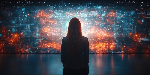 A person stands in front of a large digital display filled with intricate patterns of glowing lights and data. The atmosphere is mesmerizing, evoking a sense of wonder and exploration