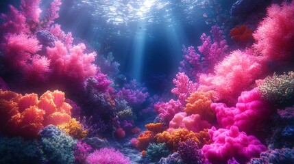 Naklejka premium Vibrant coral reef underwater scene, sunlight rays