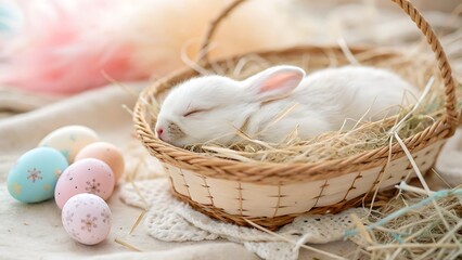 A Peaceful Baby Bunny Nestled In A Woven Basket Amongst Pastel Easter Eggs, Symbolizing Springtimes Gentle Arrival And The Promise Of New Beginnings, Bathed In Soft, Warm Light