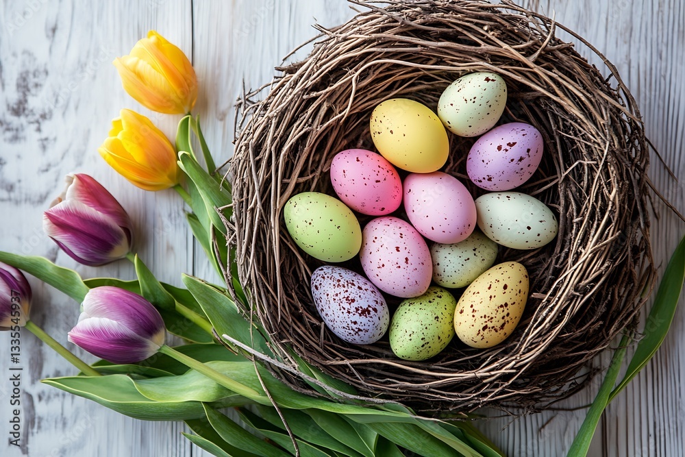 Poster Vibrant array of speckled Easter eggs nestled in a rustic nest surrounded by tulip flowers : Generative AI