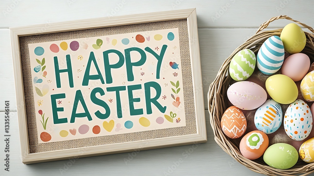 Aufkleber vibrant and festive easter decorations including colorful eggs and cheerful framed message of happy 