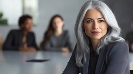 Beautiful woman with grey hair seated in a modern office