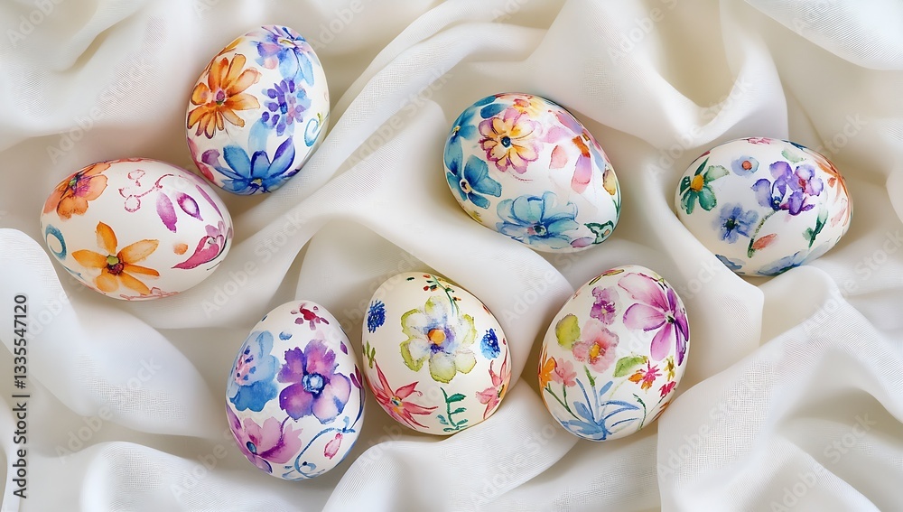Aufkleber A vibrant array of painted Easter eggs adorned with flowers scattered on soft draped fabric in pastel colors : Generative AI